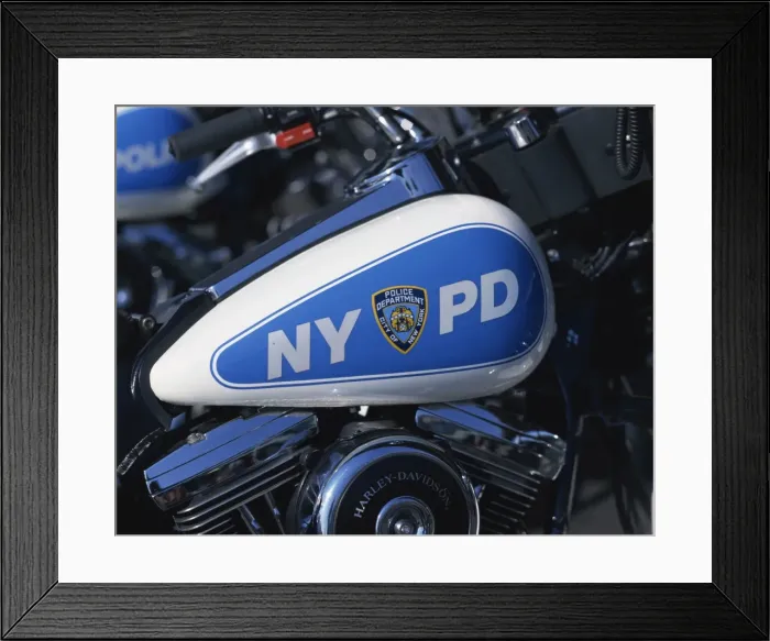 Framed Print : Close-up of Harley Davidson motorcycle with insignia of the City of New York Police Department Framed Print : Close-up of Harley Davidson motorcycle with insignia of the City of New York Police Department