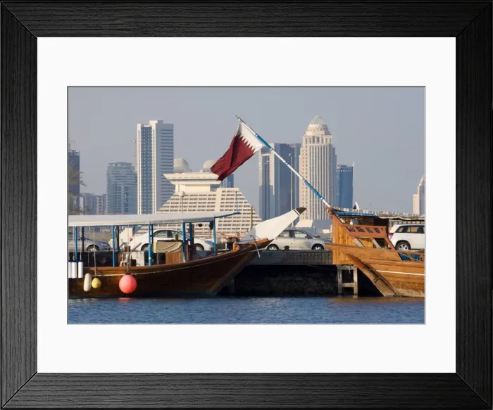 Framed Print : Dhows in Doha Bay and city skyline, Doha, Qatar, Middle East Framed Print : Dhows in Doha Bay and city skyline, Doha, Qatar, Middle East