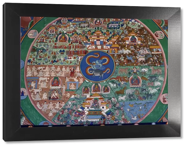 Wall painting of the wheel of life, Punakha Dzong, Bhutan, Asia