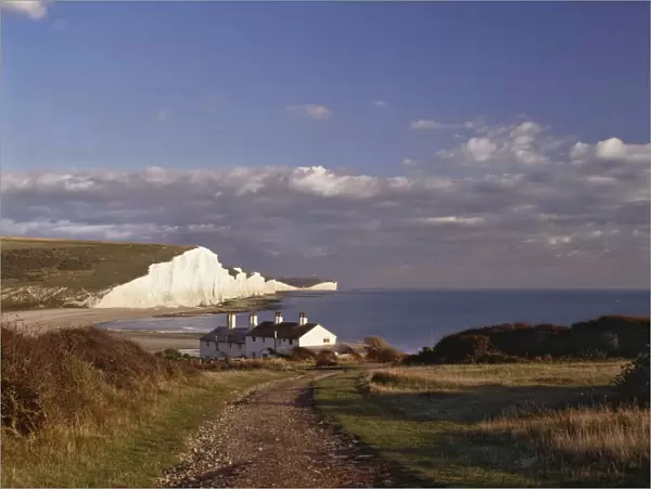 White chalk cliffs of the Seven Sisters, seen from Seaford Head, Sussex