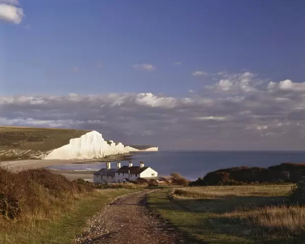 White chalk cliffs of the Seven Sisters, seen from Seaford Head, Sussex