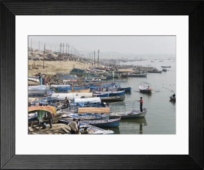 Framed Print : Boats on the Yamuna side of the Sangam, at confluence of Ganges and Yamuna Framed Print : Boats on the Yamuna side of the Sangam, at confluence of Ganges and Yamuna