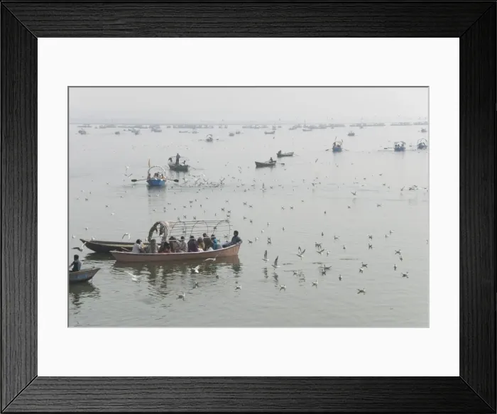 Framed Print : Boats on the Yamuna side of the Sangam, at confluence of Ganges and Yamuna Framed Print : Boats on the Yamuna side of the Sangam, at confluence of Ganges and Yamuna