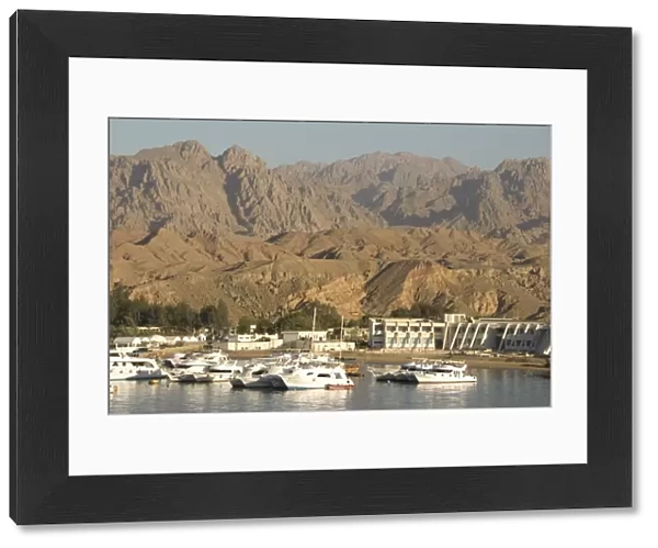 Port and marina in front of barren mountains, Sharm el Sheik, Sinai Peninsula