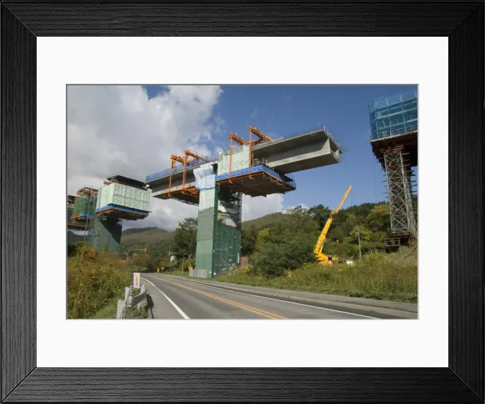 Framed Print : Construction of new viaduct near Hidaka, for freeway from Sapporo to Obihiro Framed Print : Construction of new viaduct near Hidaka, for freeway from Sapporo to Obihiro