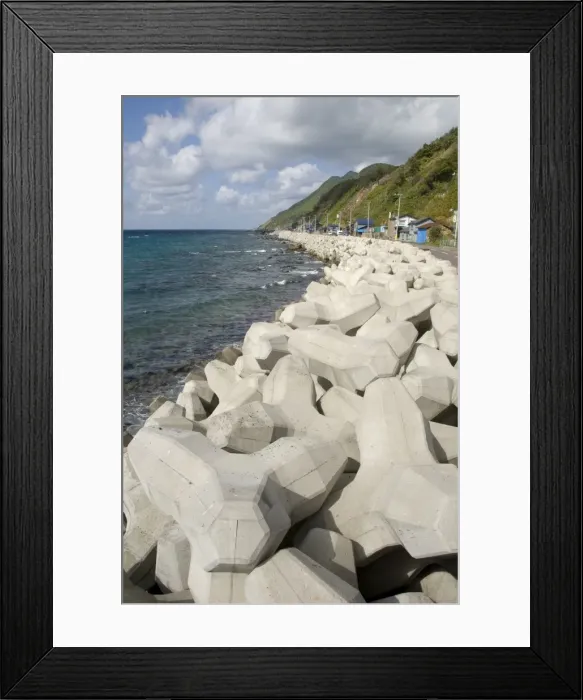 Framed Print : Shakotan peninsula west coast, showing extensive concrete tetrapods for erosion protection Framed Print : Shakotan peninsula west coast, showing extensive concrete tetrapods for erosion protection