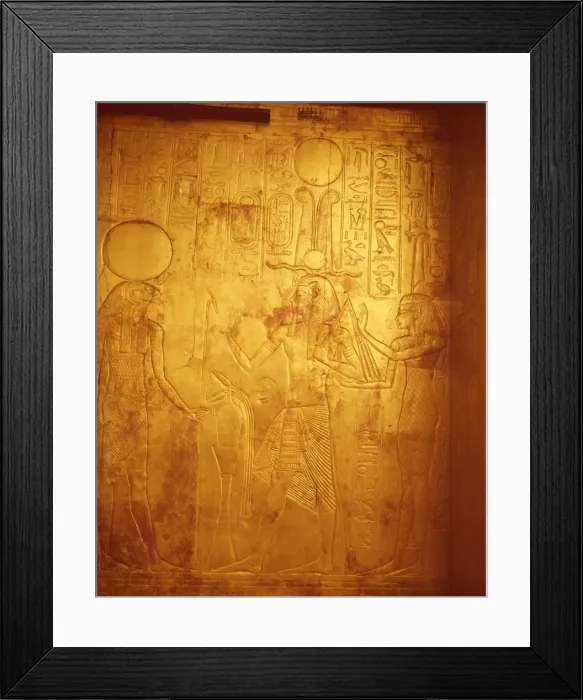 Framed Print : Detail of the king wearing Osiris crown with gods Reherakte and Maat on shrine of Tutankhamun Framed Print : Detail of the king wearing Osiris crown with gods Reherakte and Maat on shrine of Tutankhamun