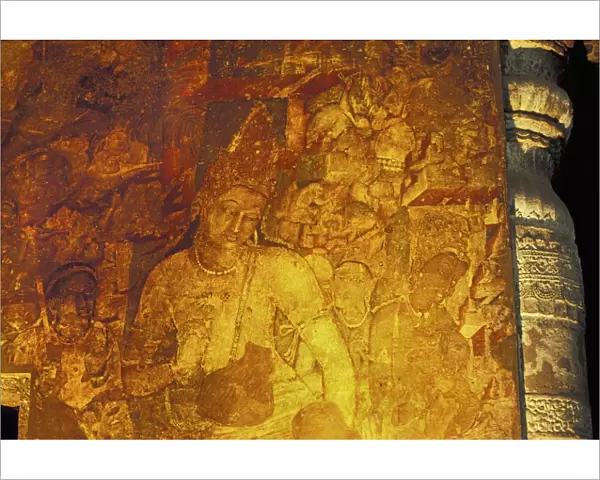 Mural painting in a cave at the Buddhist cave site of Ajanta, carved from a gorge in the Waghore River, Ajanta, UNESCO World Heritage Site, Maharashtra State
