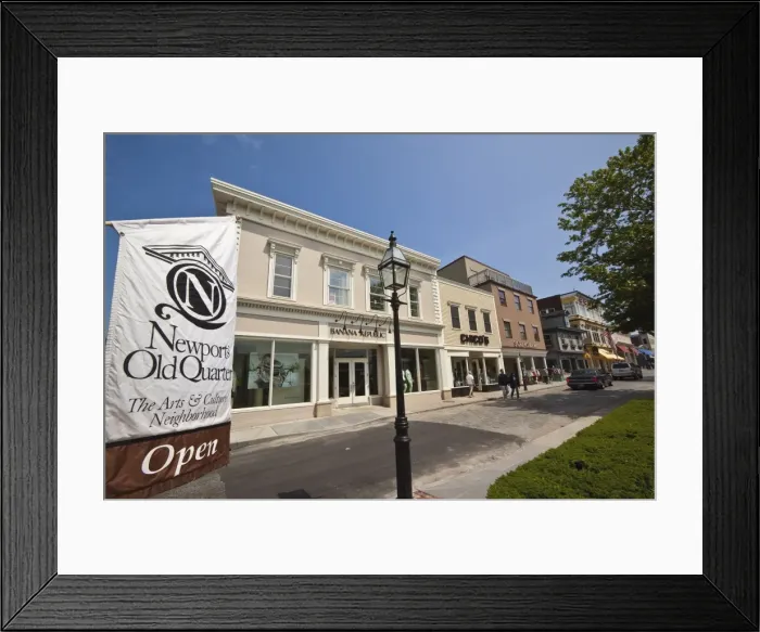 Framed Print : Newport Old Quarter sign and the smart shops and cobbled roadway of popular Thames Street in historic Newport, Rhode Island, New England, United States of America Framed Print : Newport Old Quarter sign and the smart shops and cobbled roadway of popular Thames Street in historic Newport, Rhode Island, New England, United States of America