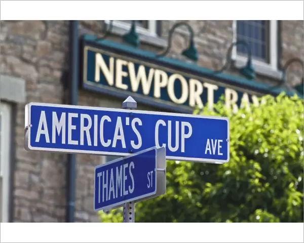 Street sign reflecting Newports sailing and historic heritage at the junction of Americas Cup Avenue and Thames Street in Newport, Rhode Island, New England, United States of America