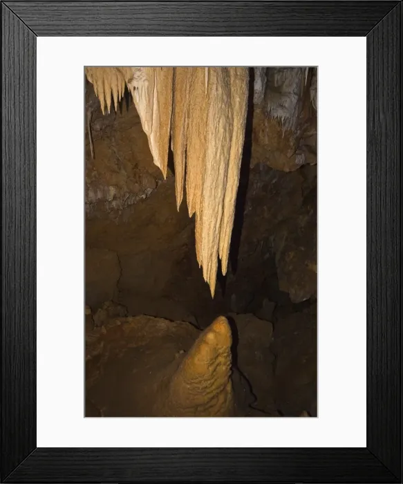 Framed Print : Stalactites close to creating a column with stalagmite below at Ngilgi Cave