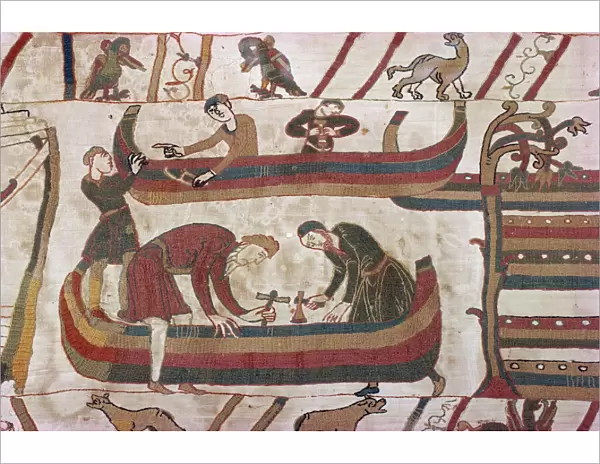 Building ships in preparation for war, Bayeux Tapestry, Bayeux, Normandy, France, Europe