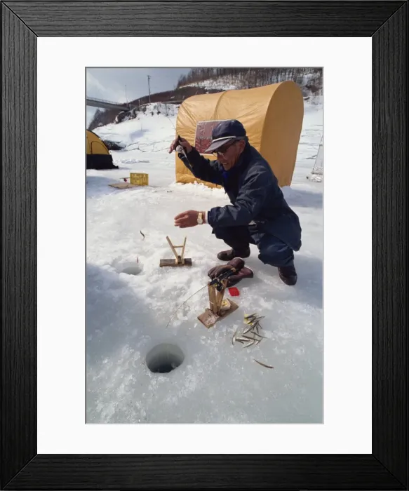 Framed Print : Ice fishing, Minami Furano Lake, Hokkaido, Japan, Asia Framed Print : Ice fishing, Minami Furano Lake, Hokkaido, Japan, Asia