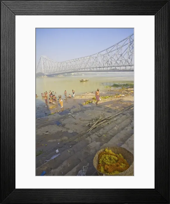 Framed Print : People bathing in Hooghly River, Ghat near Hooghly bridge, Kolkata (Calcutta)