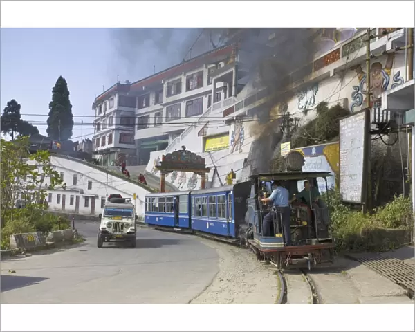 Steam train known as the Toy Train passing in front of Druk Sangak Choling Gompa