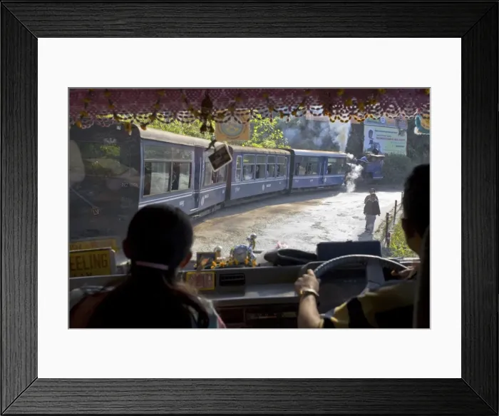 Framed Print : View looking through windscreen of bus at Steam train (Toy Train), Darjeeling Framed Print : View looking through windscreen of bus at Steam train (Toy Train), Darjeeling