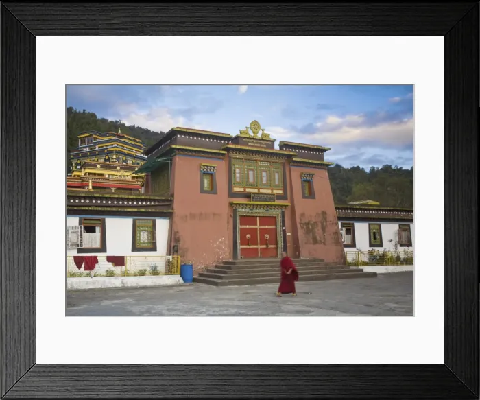 Framed Print : Monk walking past entrance to main monastery building, Rumtek Gompa Complex Framed Print : Monk walking past entrance to main monastery building, Rumtek Gompa Complex
