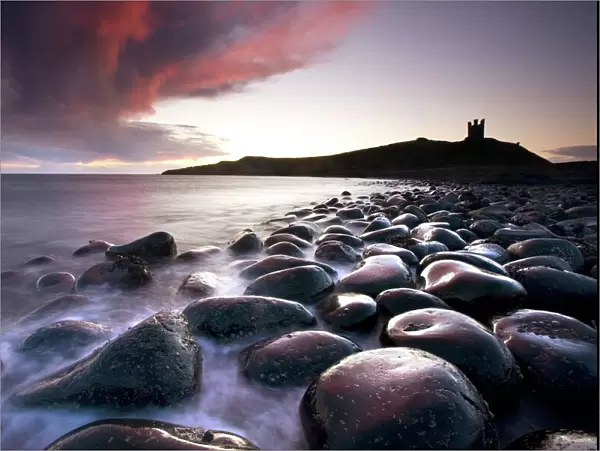 Dawn over Embleton Bay with basalt boulders in the foreground and the ruins of Dunstanburgh Castle in the background, near Alnwick, Northumberland, England, United