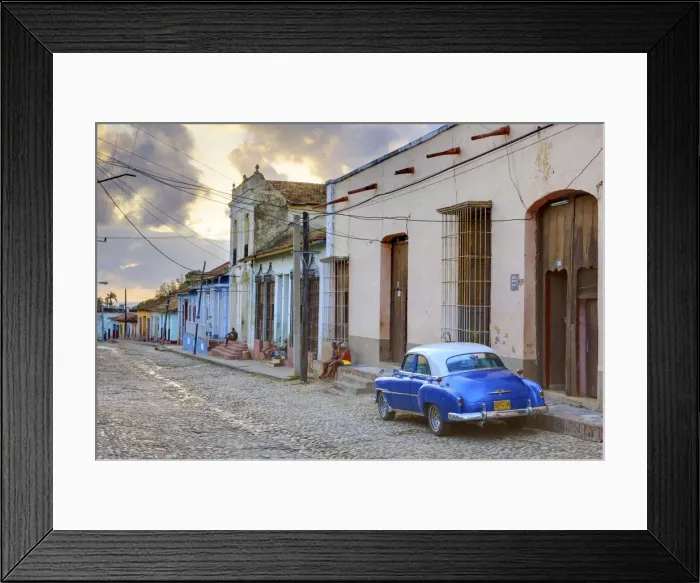 Framed Print : Cobbled street at sunset with classic American car, Trinidad, Cuba, West Indies