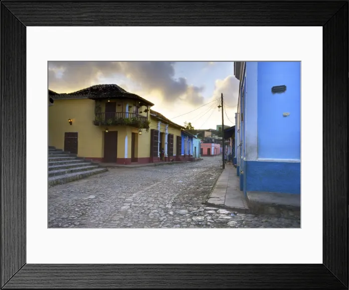 Framed Print : Cobbled street at dusk with brightly painted houses, off Plaza Mayor, Trinidad Framed Print : Cobbled street at dusk with brightly painted houses, off Plaza Mayor, Trinidad