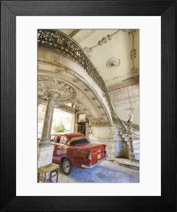 Framed Print : Classic red American car parked beneath ornate marble staircase inside dilapidated apartment building, Havana, Cuba, West Indies Framed Print : Classic red American car parked beneath ornate marble staircase inside dilapidated apartment building, Havana, Cuba, West Indies