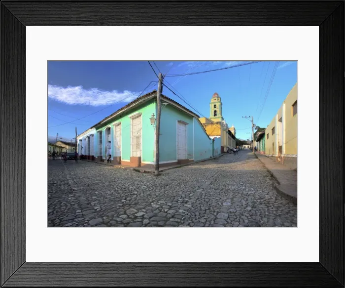 Framed Print : View along cobbled streets towards the bell tower of the Inglesia y Convento de San Francisco Framed Print : View along cobbled streets towards the bell tower of the Inglesia y Convento de San Francisco