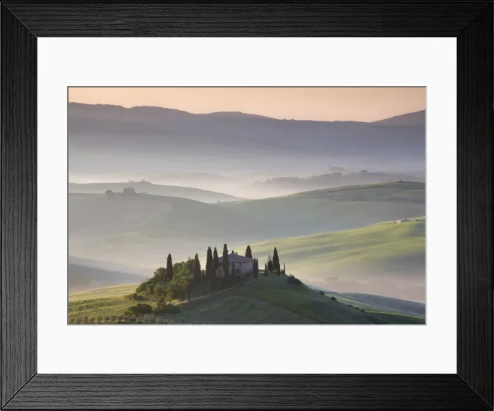 Framed Print : Misty dawn view towards Belvedere, across Val d Orcia, UNESCO World Heritage Site Framed Print : Misty dawn view towards Belvedere, across Val d Orcia, UNESCO World Heritage Site