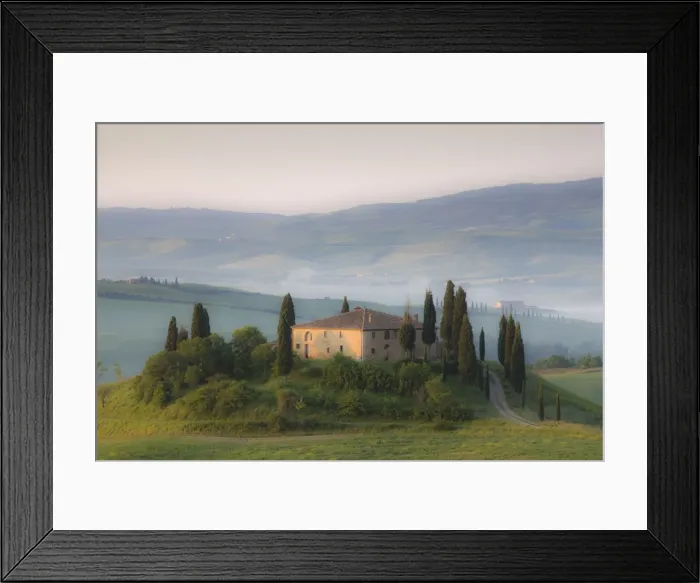 Framed Print : Misty dawn view towards Belvedere across Val d Orcia, UNESCO World Heritage Site Framed Print : Misty dawn view towards Belvedere across Val d Orcia, UNESCO World Heritage Site