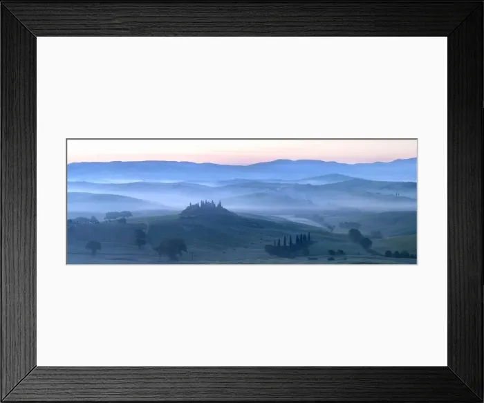 Framed Print : Misty dawn panoramic view towards Belvedere, across Val d Orcia, UNESCO World Heritage Site Framed Print : Misty dawn panoramic view towards Belvedere, across Val d Orcia, UNESCO World Heritage Site