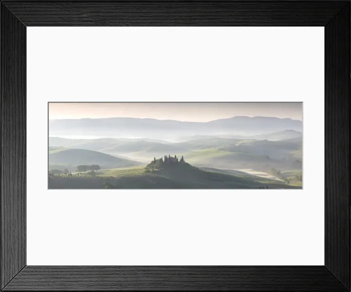 Framed Print : Misty dawn panoramic view towards Belvedere, across Val d Orcia, UNESCO World Heritage Site