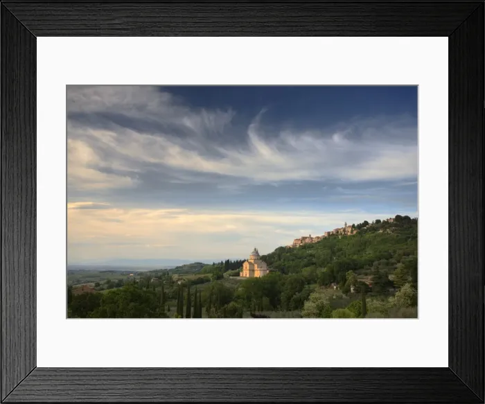 Framed Print : Evening view towards the hilltop town of Montepulciano and the church of San Biagio Framed Print : Evening view towards the hilltop town of Montepulciano and the church of San Biagio