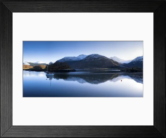 Framed Print : Winter view of flat calm Loch Leven with snow covered mountains reflected Framed Print : Winter view of flat calm Loch Leven with snow covered mountains reflected