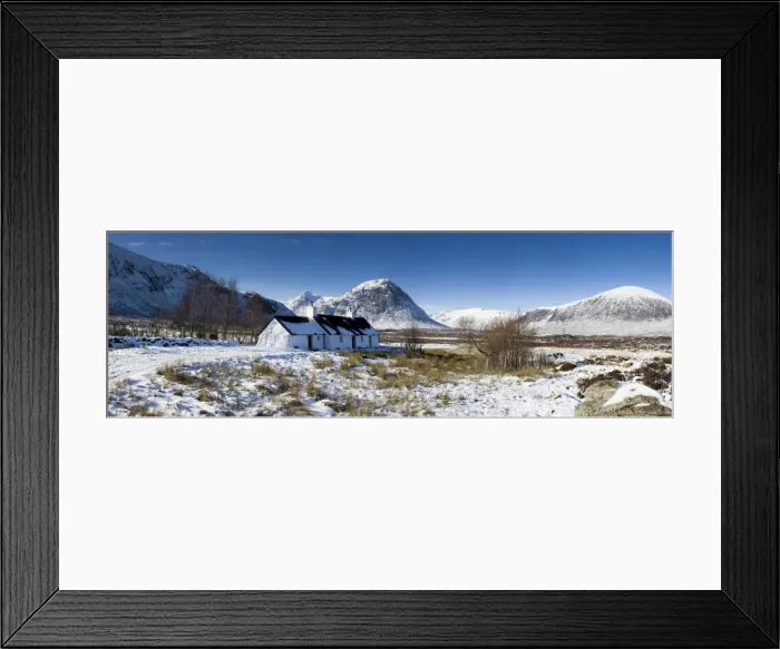 Framed Print : Panoramic view of Black Rock Cottage with Buachaille Etive Mor in distance on snow covered Rannoch Moor, near Fort William, Highland, Scotland, United Framed Print : Panoramic view of Black Rock Cottage with Buachaille Etive Mor in distance on snow covered Rannoch Moor, near Fort William, Highland, Scotland, United