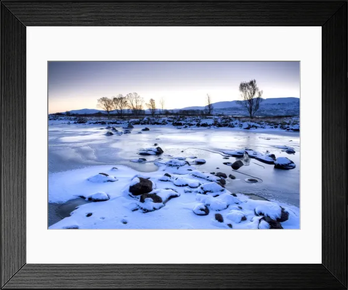 Framed Print : Dawn view of frozen Loch Ba on snow-covered Rannoch Moor, Highland, Scotland Framed Print : Dawn view of frozen Loch Ba on snow-covered Rannoch Moor, Highland, Scotland