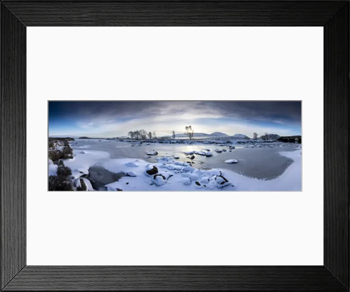 Framed Print : Panoramic winter view over frozen Loch Ba at dawn, Rannoch Moor, Highland Framed Print : Panoramic winter view over frozen Loch Ba at dawn, Rannoch Moor, Highland