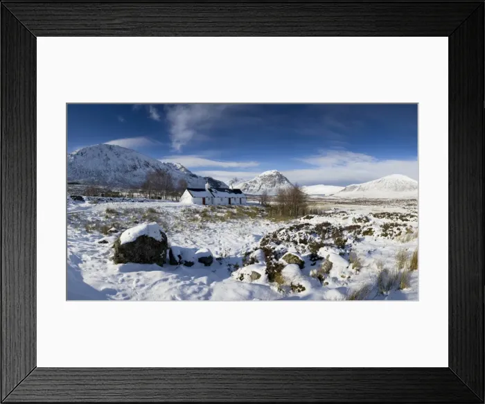 Framed Print : Panoramic view of Black Rock Cottage with Buachaille Etive Mor in distance on snow covered Rannoch Moor, near Fort William, Highland, Scotland, United Framed Print : Panoramic view of Black Rock Cottage with Buachaille Etive Mor in distance on snow covered Rannoch Moor, near Fort William, Highland, Scotland, United