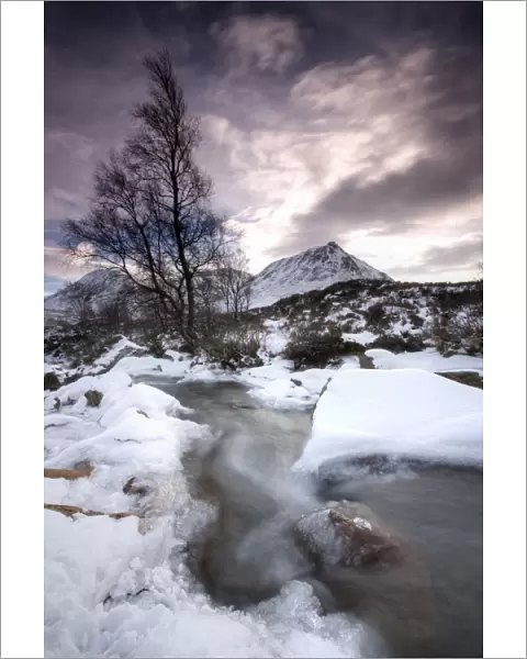 River Coupall on a snowy winters day, Rannoch Moor, Highland, Scotland