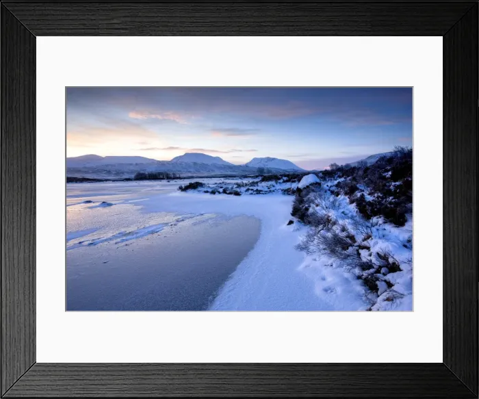 Framed Print : Dawn view of frozen Loch Ba on snow-covered Rannoch Moor, Highland, Scotland Framed Print : Dawn view of frozen Loch Ba on snow-covered Rannoch Moor, Highland, Scotland