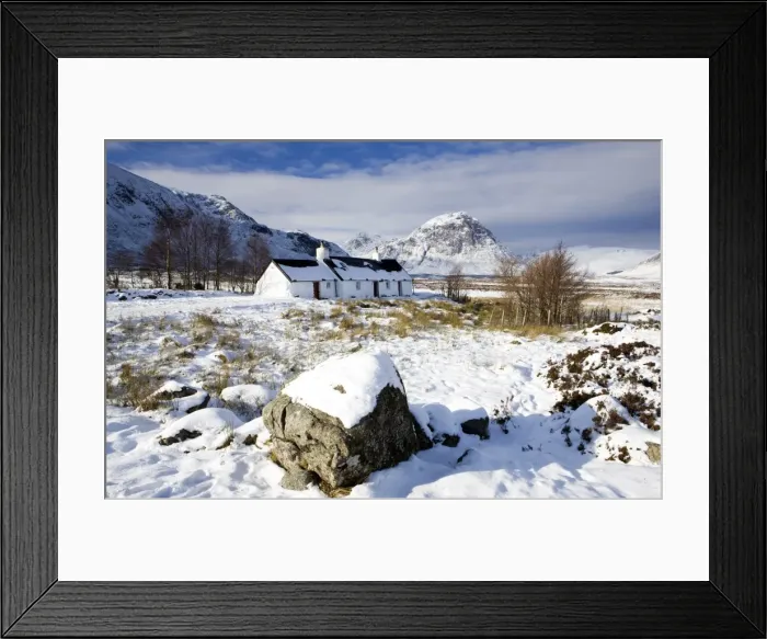Framed Print : Black Rock Cottage with Buachaille Etive Mor in distance on snow covered Rannoch Moor Framed Print : Black Rock Cottage with Buachaille Etive Mor in distance on snow covered Rannoch Moor