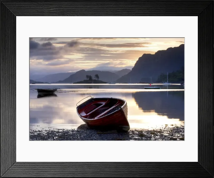 Framed Print : Dawn view at low tide with rowing boat in foreground, Plokton, near Kyle of Lochalsh Framed Print : Dawn view at low tide with rowing boat in foreground, Plokton, near Kyle of Lochalsh