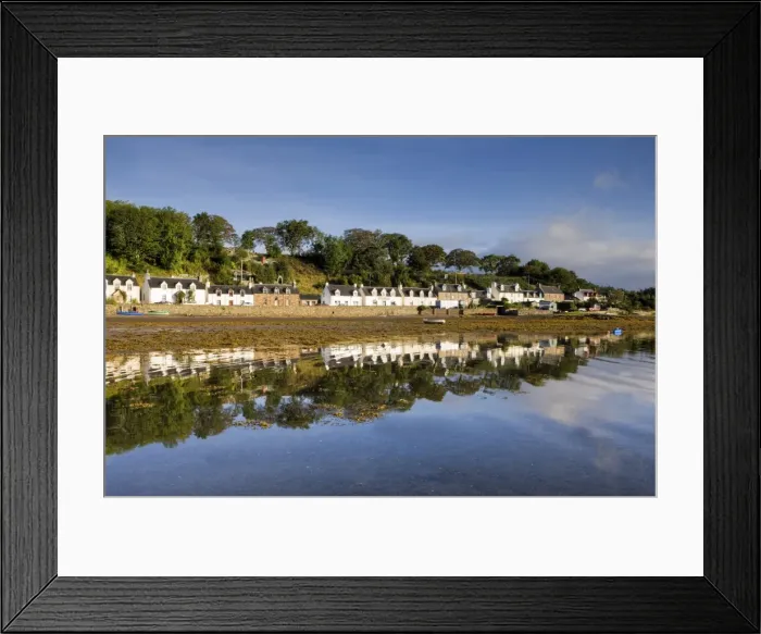 Framed Print : Village of Plockton bathed in early morning light and reflecting in calm sea at low tide Framed Print : Village of Plockton bathed in early morning light and reflecting in calm sea at low tide