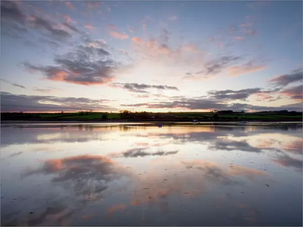 View across the Aln Estuary at sunset, Alnmouth, near Alnwick, Northumberland