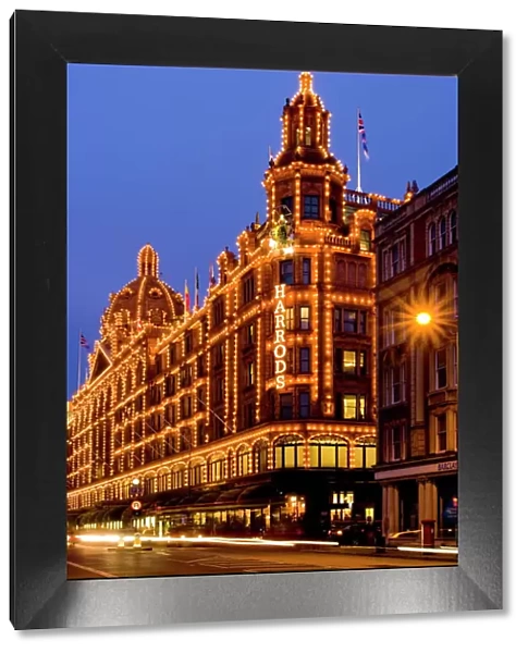 Harrods department store at dusk, Knightsbridge, London, England, United Kingdom, Europe