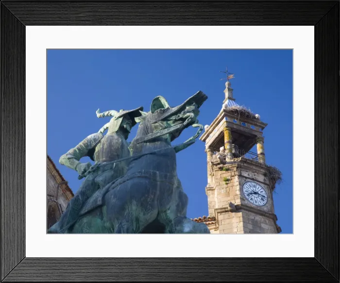 Framed Print : Equestrian statue of Francisco Pizarro in the Plaza Mayor, clock-tower of the Iglesia de San Martin beyond, Trujillo, Caceres, Extremadura Framed Print : Equestrian statue of Francisco Pizarro in the Plaza Mayor, clock-tower of the Iglesia de San Martin beyond, Trujillo, Caceres, Extremadura