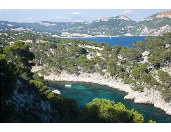 View from hillside to the Calanque de Port-Pin and distant Baie de Cassis
