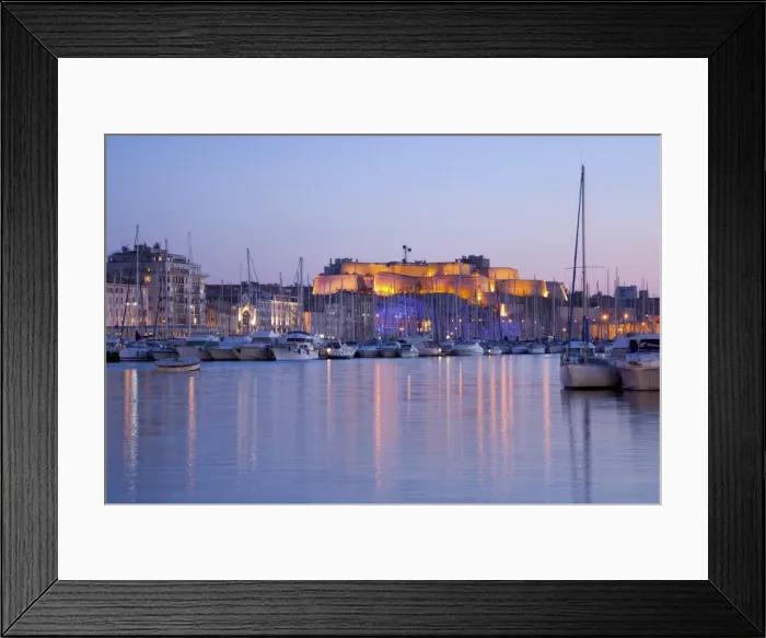 Framed Print : View across the Vieux Port to the illuminated Fort St. -Nicolas at dusk