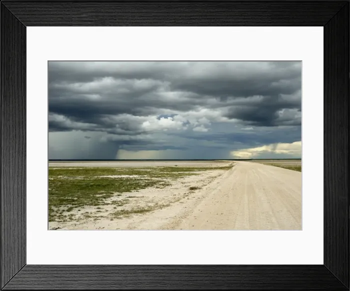 Framed Print : Sand road and heavy shower, Etosha National Park, Namibia, Africa Framed Print : Sand road and heavy shower, Etosha National Park, Namibia, Africa