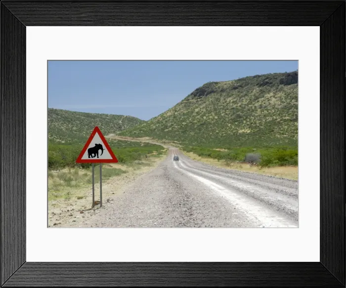 Framed Print : Elephant sign along dirt road, Namibia, Africa Framed Print : Elephant sign along dirt road, Namibia, Africa