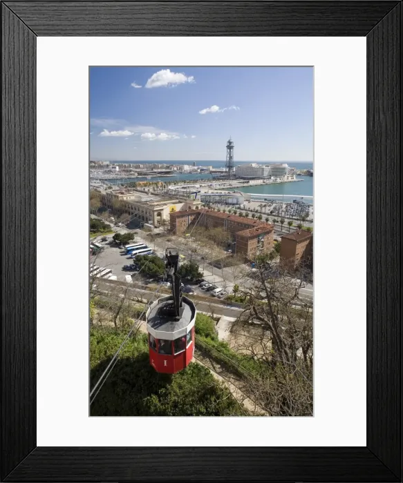 Framed Print : Cable car across to the port, Transbordador Aeri del Port, with view across the harbour from Montjuic, Barcelona, Catalonia Framed Print : Cable car across to the port, Transbordador Aeri del Port, with view across the harbour from Montjuic, Barcelona, Catalonia