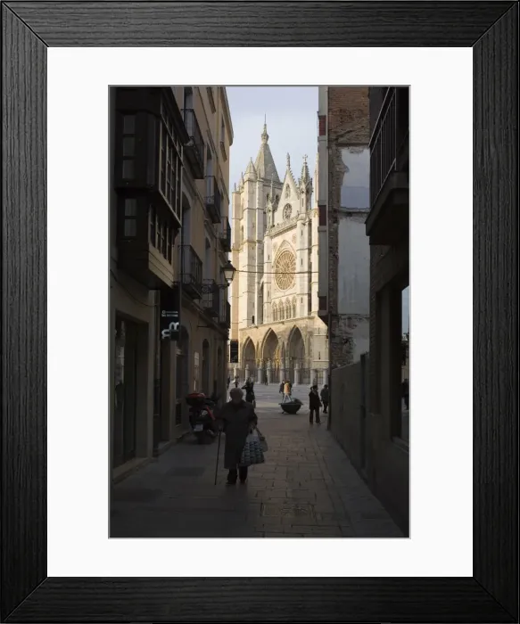 Framed Print : West front of Leon Cathedral, seen from a narrow side street, Leon, Castilla y Leon Framed Print : West front of Leon Cathedral, seen from a narrow side street, Leon, Castilla y Leon